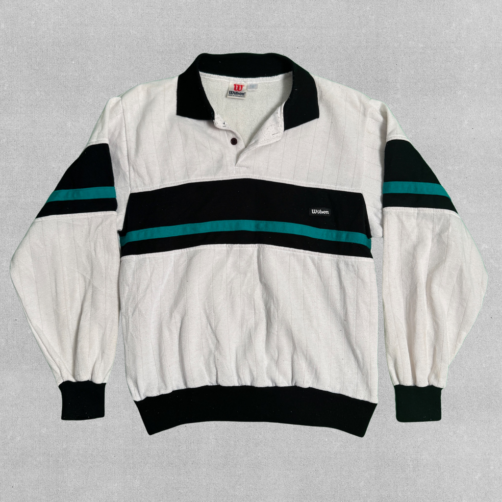 Vintage Wilson 80s Men's Button Sweatshirt Pullover - Striped Black and Teal | M