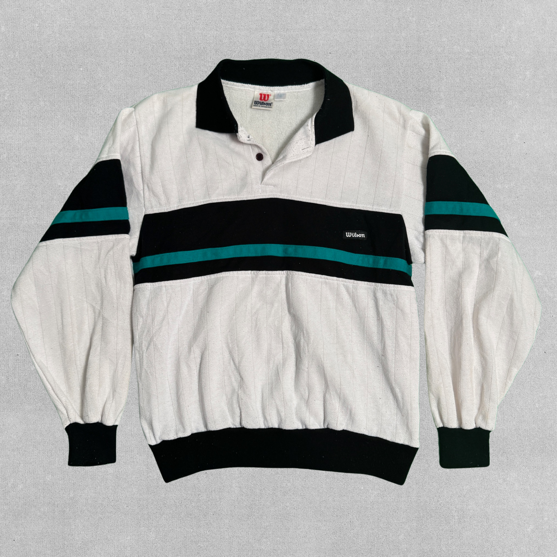 Vintage Wilson 80s Men's Button Sweatshirt Pullover - Striped Black and Teal | M