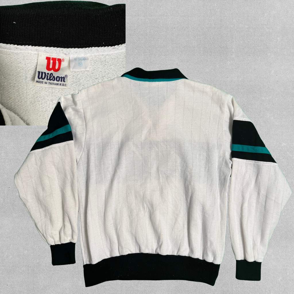 Vintage Wilson 80s Men's Button Sweatshirt Pullover - Striped Black and Teal | M