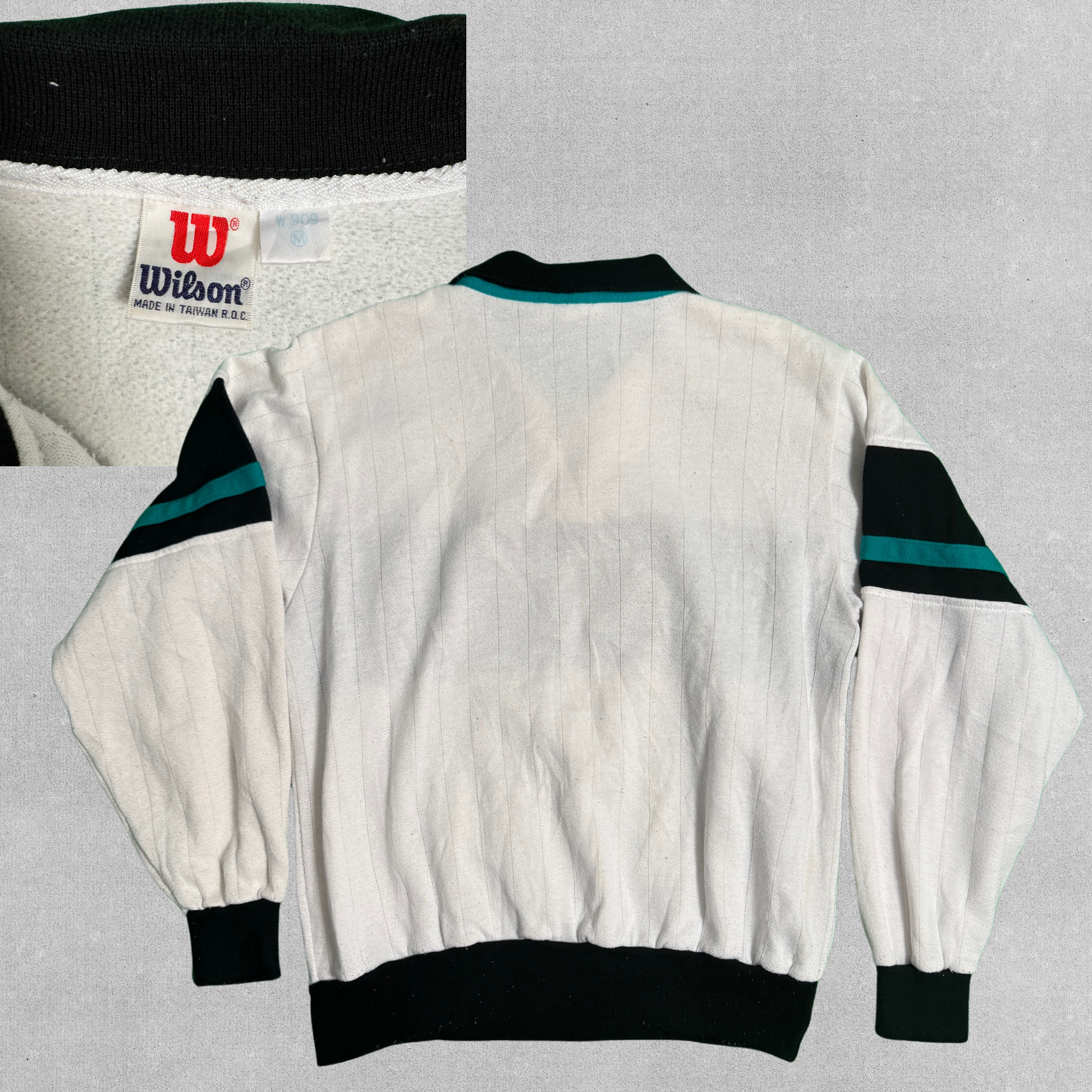 Vintage Wilson 80s Men's Button Sweatshirt Pullover - Striped Black and Teal | M